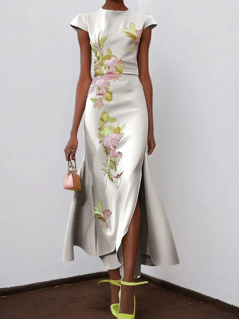 Embroidered Floral Silver Maxi Dress Cap Sleeves